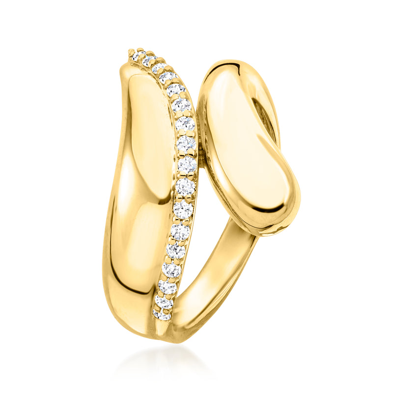 Gold interwoven bypass ring with vertical row of round diamond accents on one band
