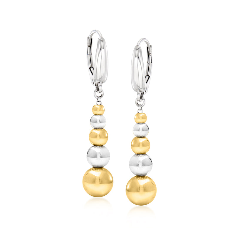 Leverback drop earrings with graduated silver and gold-tone bead spheres