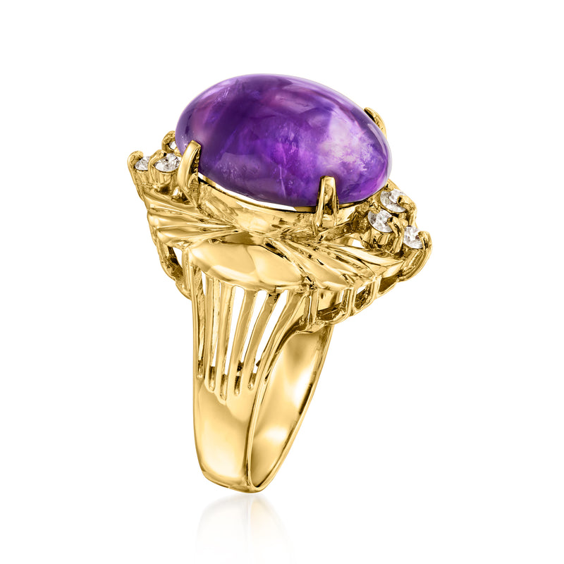 Side view oval amethyst ring with diamond accents in 14k yellow gold
