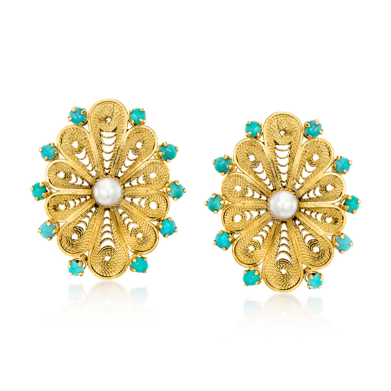 Gold filigree post earrings with turquoise stones and a central cultured pearl