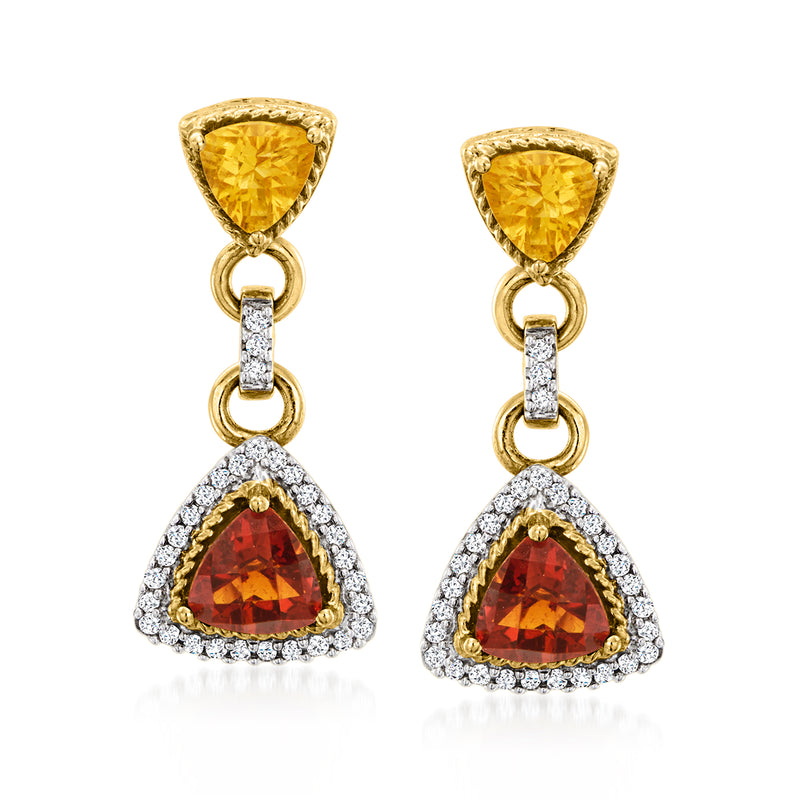 Vintage citrine drop earrings, triangular orange gemstone with diamond halo, 14kt yellow gold