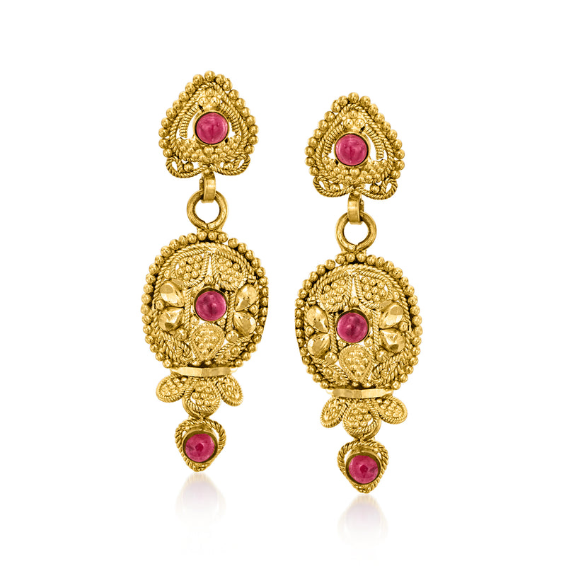 22kt yellow gold drop earrings with round ruby cabochons and teardrop accents