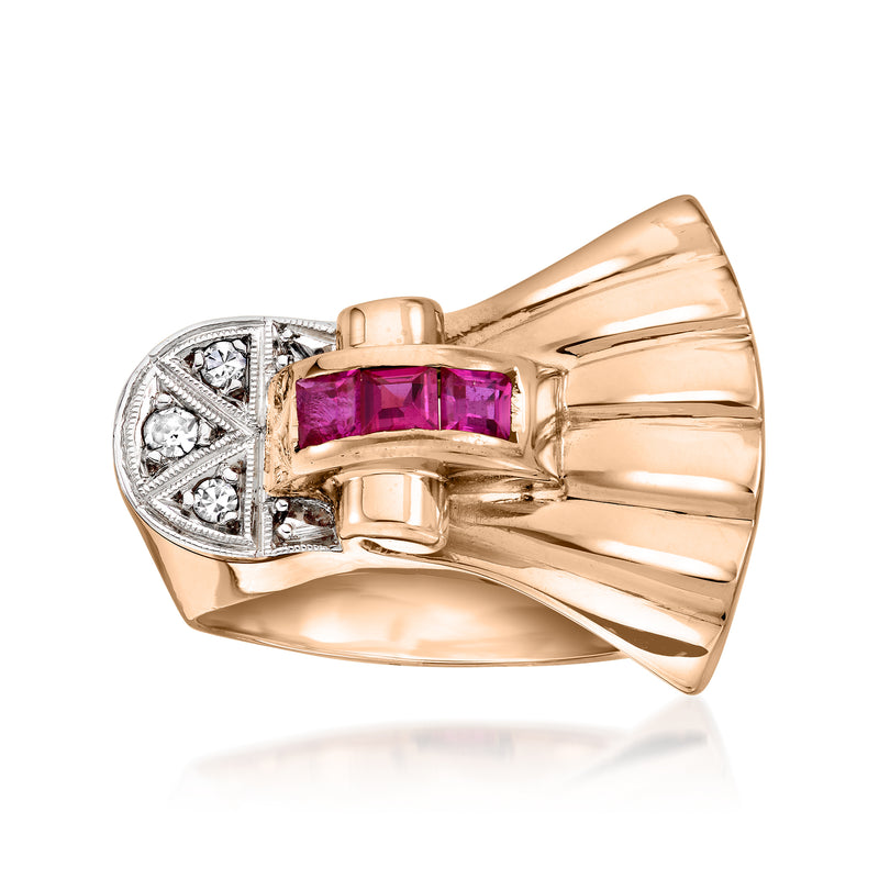 18kt rose gold fan ring with rectangular purple gemstone and diamond accents