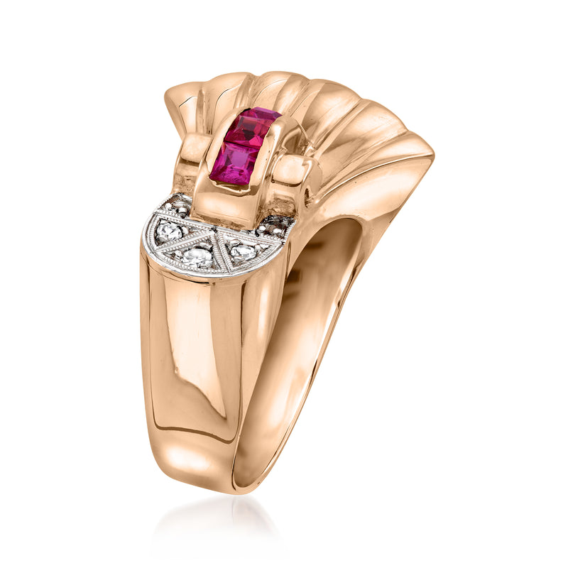 Vintage 18kt rose gold fan ring with synthetic ruby and diamonds