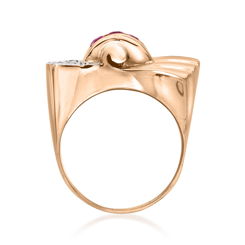 Rose gold vintage fan ring with purple center stone and diamond border
