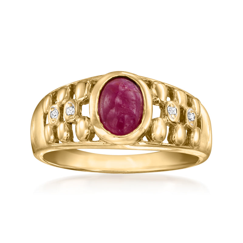 Vintage oval ruby cabochon ring with diamonds, 14kt yellow gold band