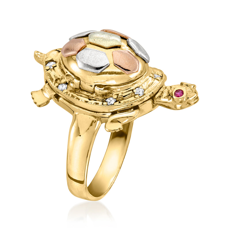 Tri-colored gold turtle ring with multicolor inlay, purple center stones, and CZ details.