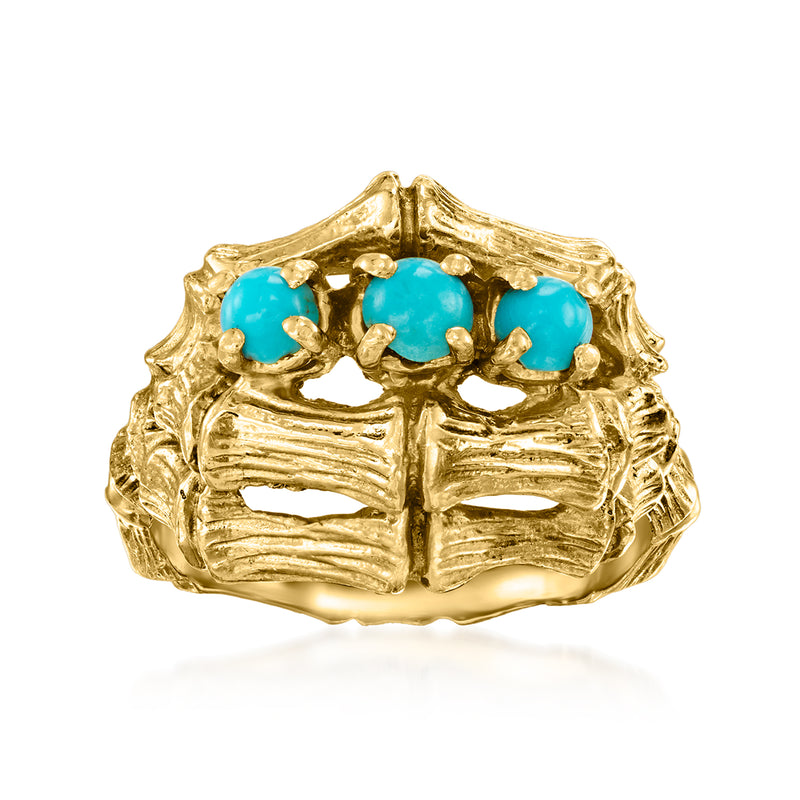 14kt yellow gold vintage ring with three turquoise cabochon stones, ornate setting