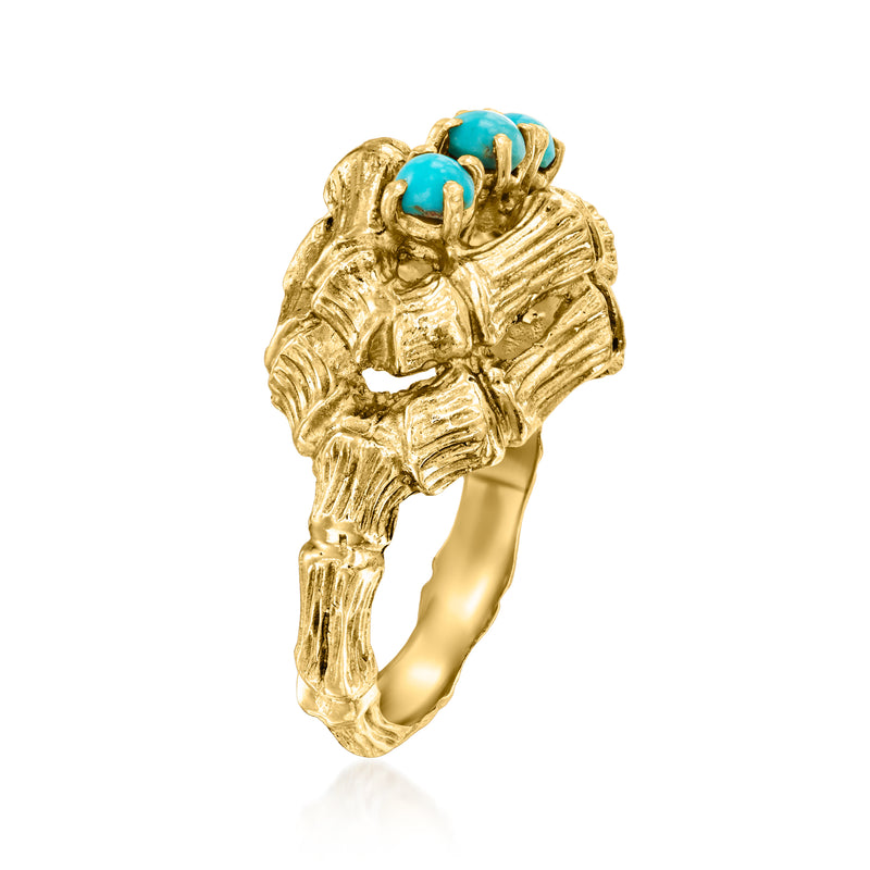 14kt yellow gold vintage ring with three turquoise cabochon stones, side view