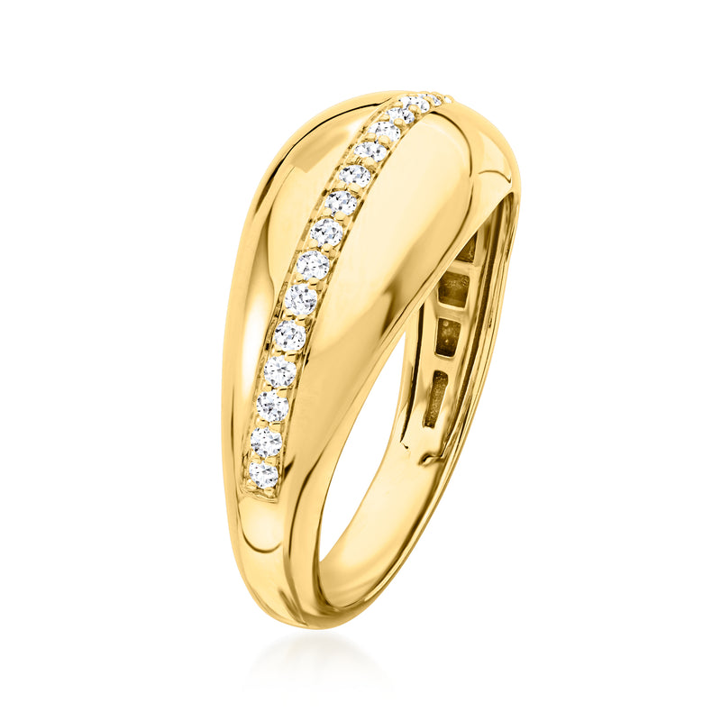 Gold diamond-lined striped band ring, side profile view
