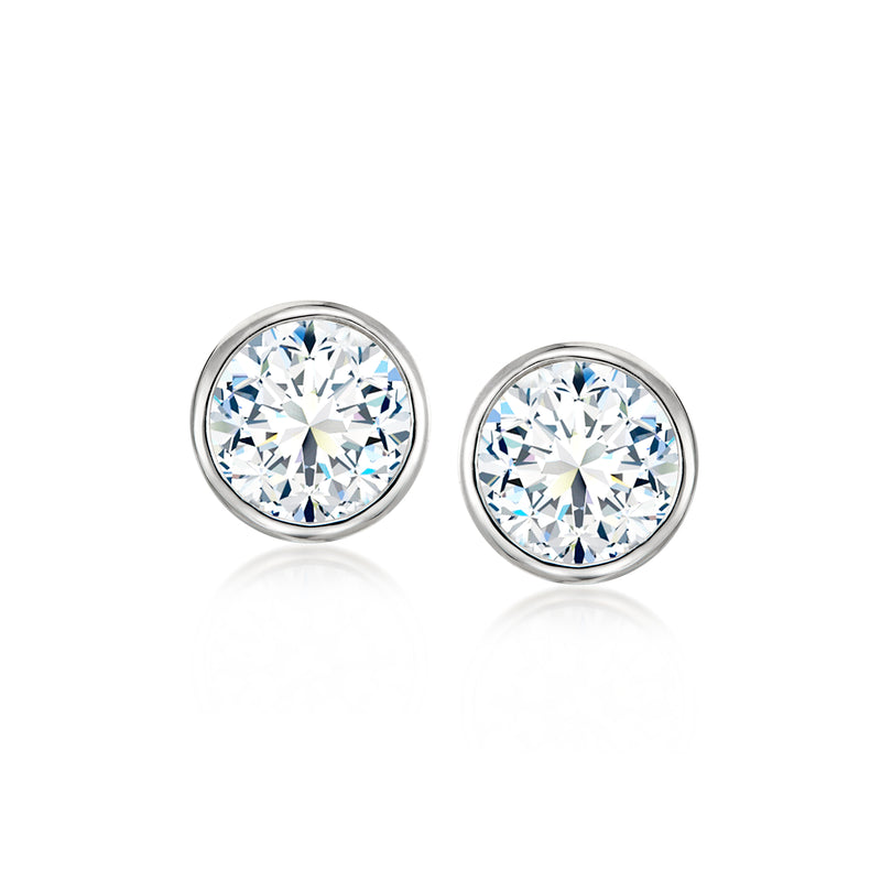 Round CZ stud earrings in sterling silver bezel settings