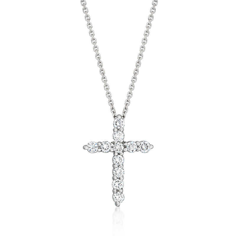Platinum diamond cross necklace with round-cut stones and link chain