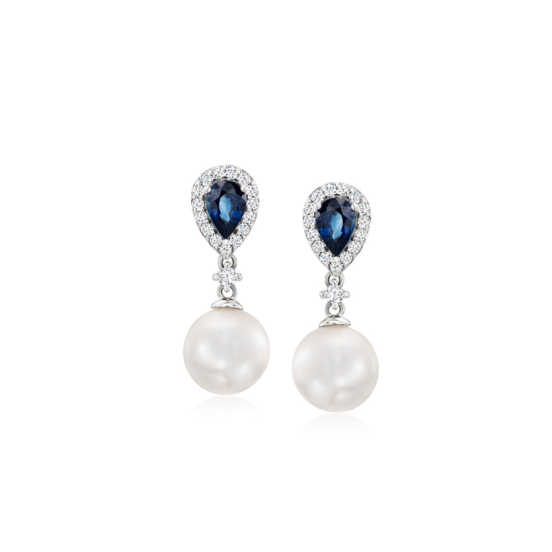 Blue sapphire and diamond halo drop earrings with white pearls in white gold