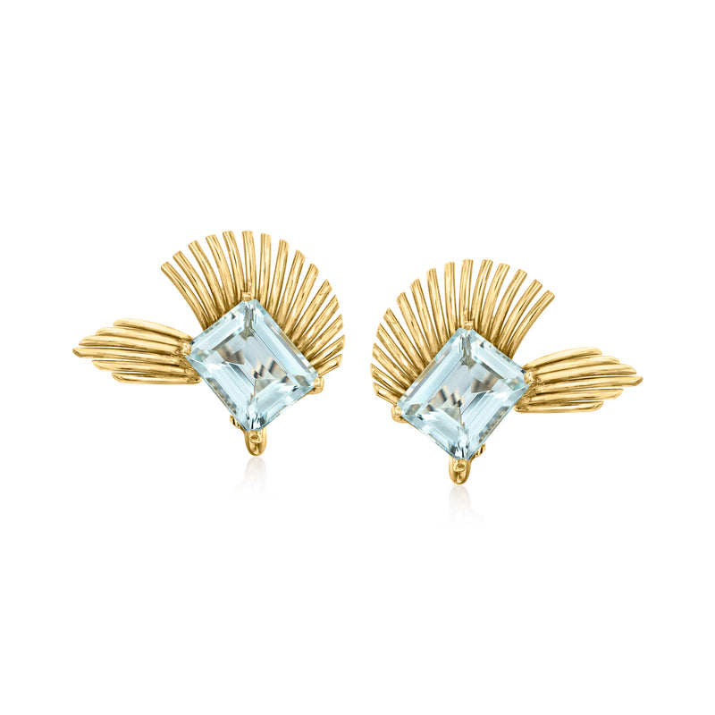 18kt yellow gold fan earrings with square aquamarine gemstone, stud posts