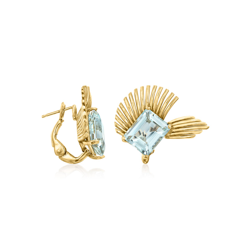 18kt yellow gold fan earrings with square aquamarine gemstone, rear view