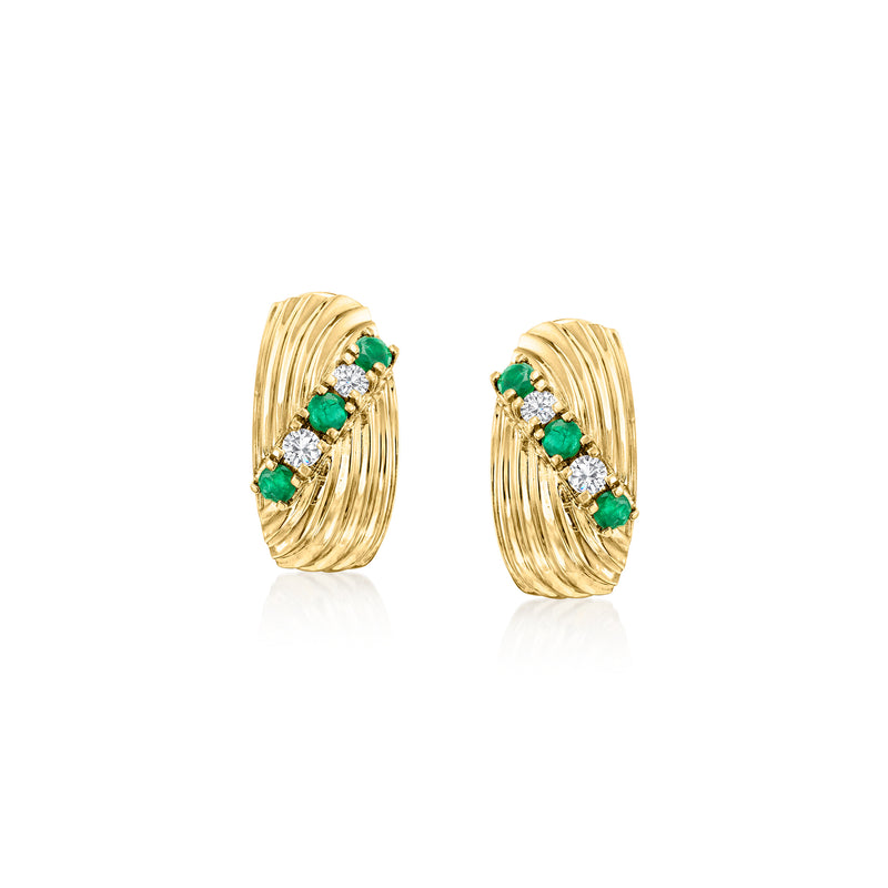 Ribbed 14kt yellow gold hoop earrings with green emerald and white diamond accents