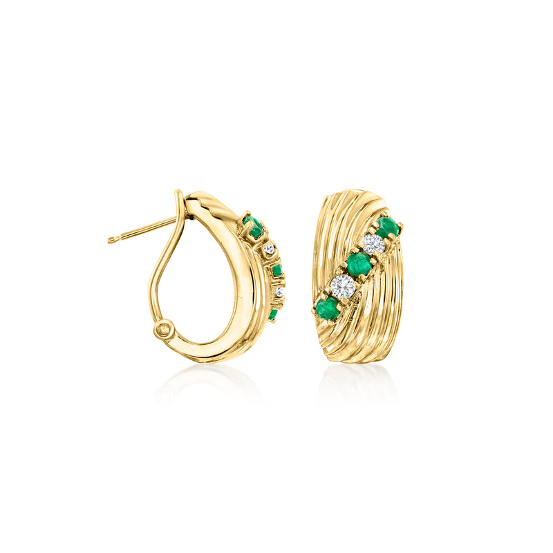 Ribbed 14kt yellow gold hoop earrings with emerald stones and diamond details, post back