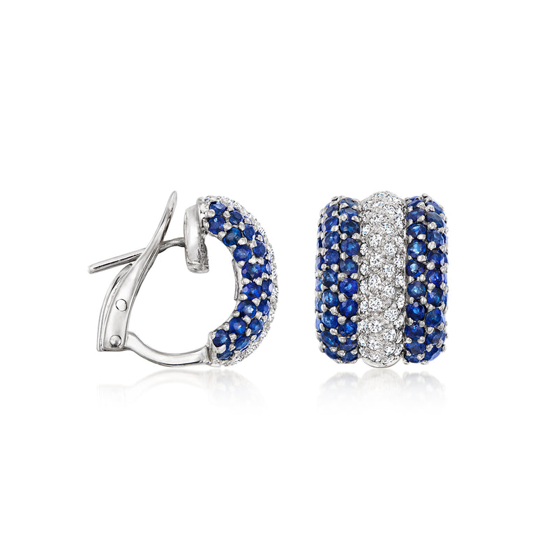 Sapphire and diamond curved huggie clip earrings in white gold, side view