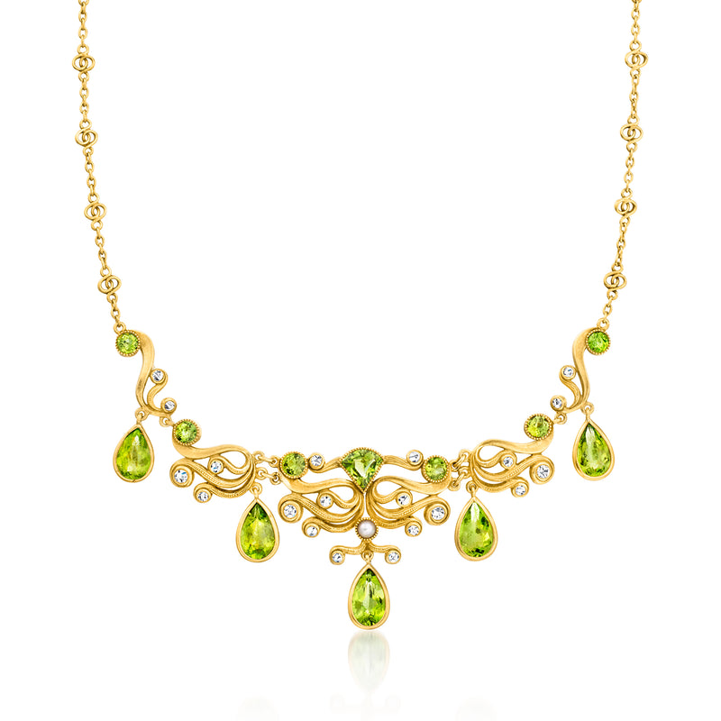 18kt yellow gold peridot teardrop necklace with diamond accents and pearl chain