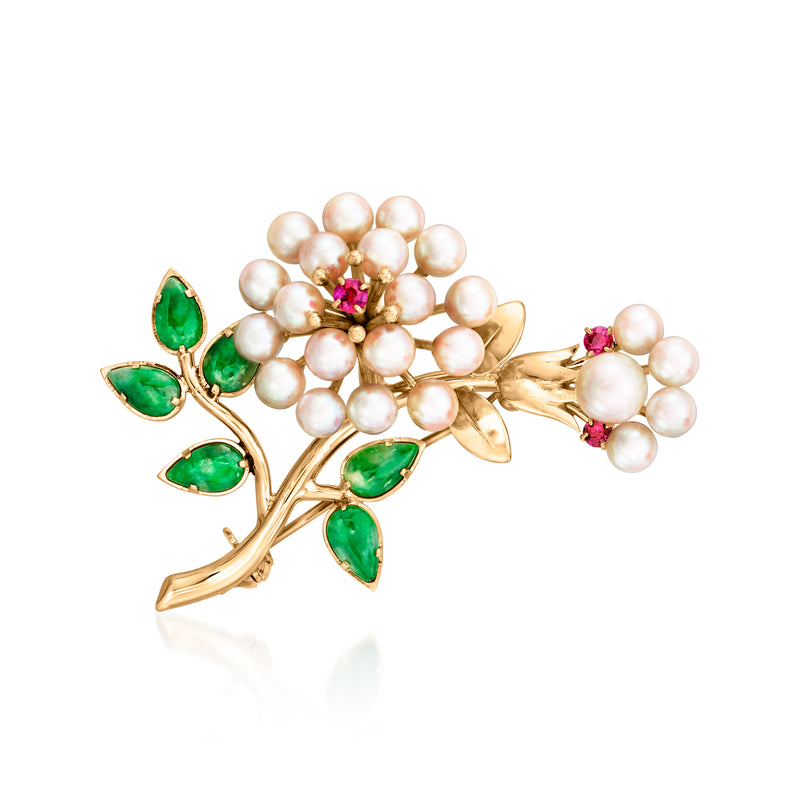 14kt yellow gold flower pin with cultured pearls, red ruby center, and green jade leaves