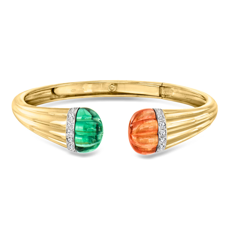 18kt yellow gold cuff bracelet with green and orange simulated tourmaline cabochons