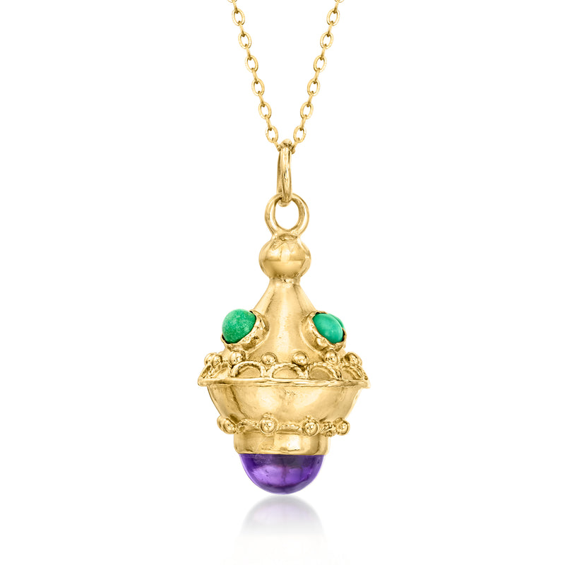 18kt yellow gold pendant necklace with amethyst drop and green side stones