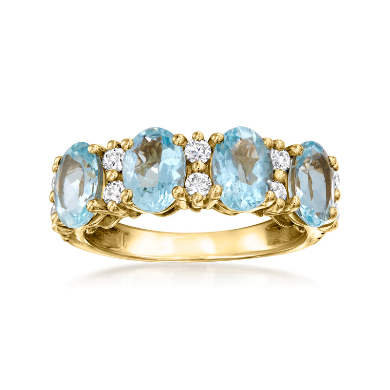 14kt yellow gold aquamarine and diamond ring with three light-blue stones