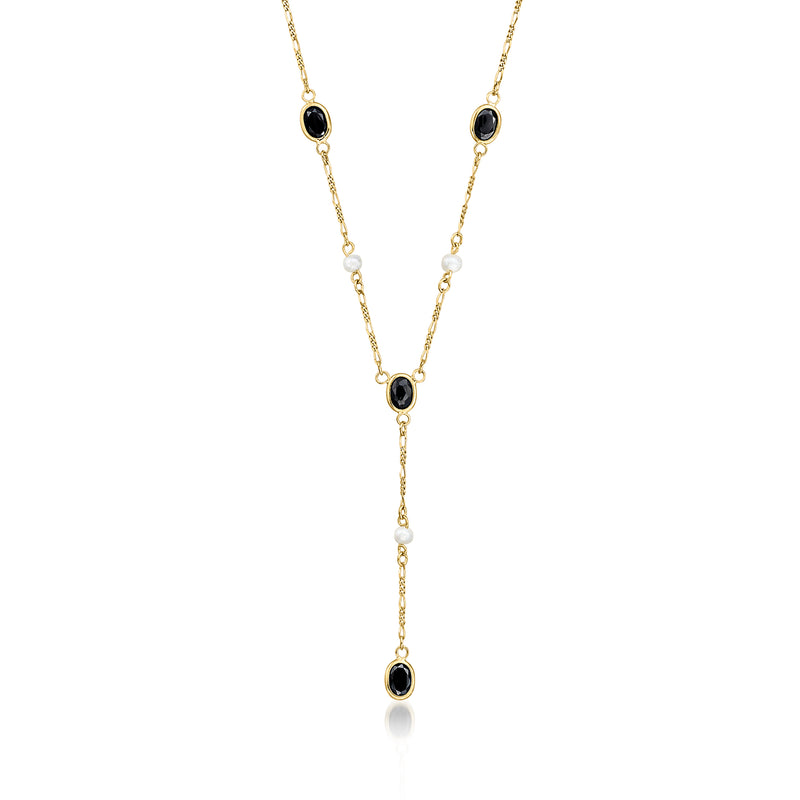 14kt yellow gold Y-necklace with black onyx cabochons and cultured pearl accents