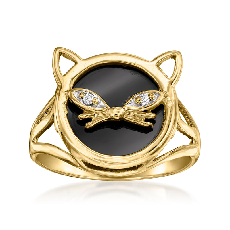Vintage onyx cat ring in 14kt yellow gold with diamond accents