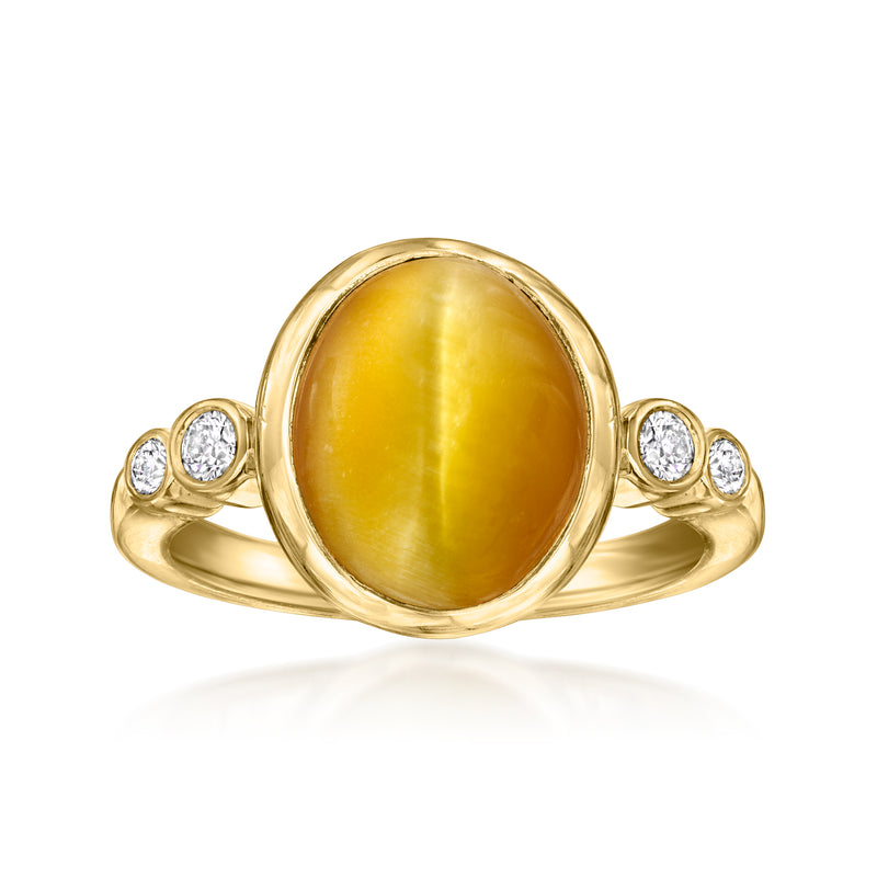 14kt yellow gold tiger’s-eye cabochon ring with small round diamond accents