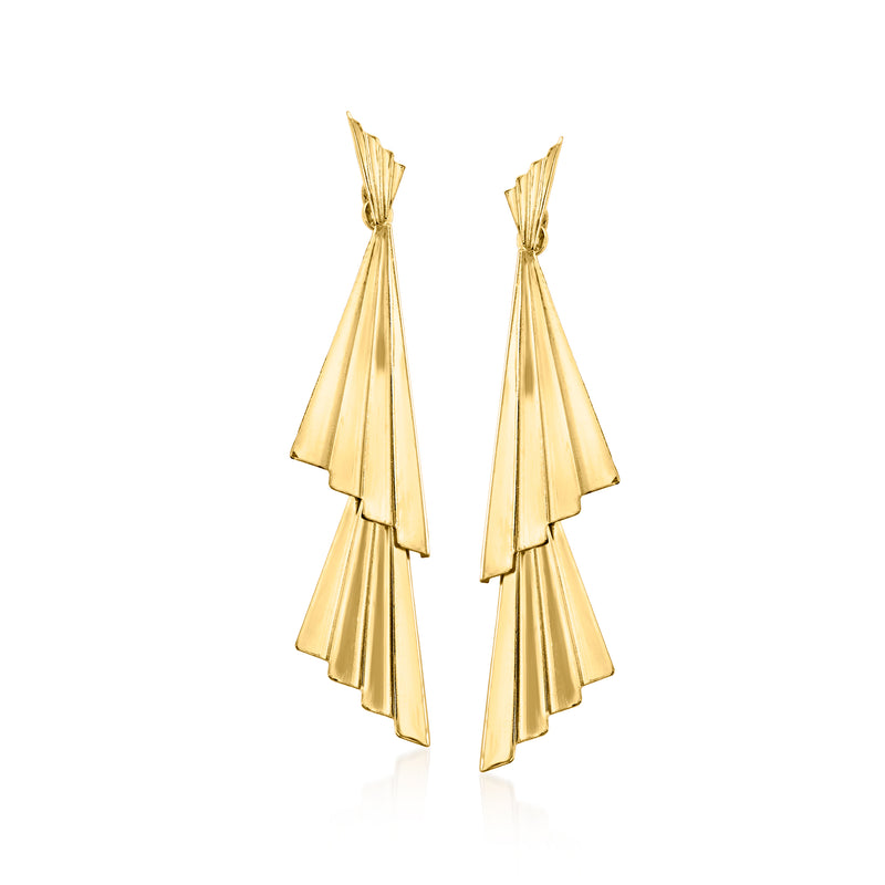 Gold fan drop earrings with layered pleats, 18k over sterling design
