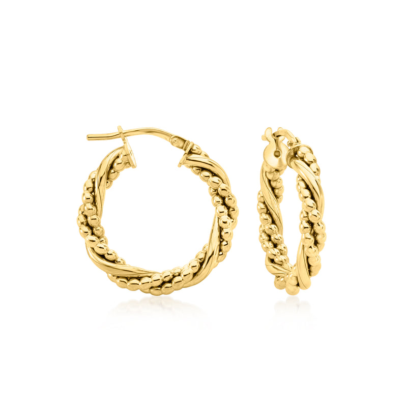 Twisted bead gold-tone hoop earrings with hinged clasp, set of two