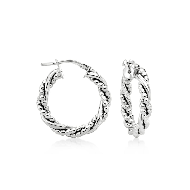 Twisted bead sterling silver hoop earrings, hinged clasp, pair