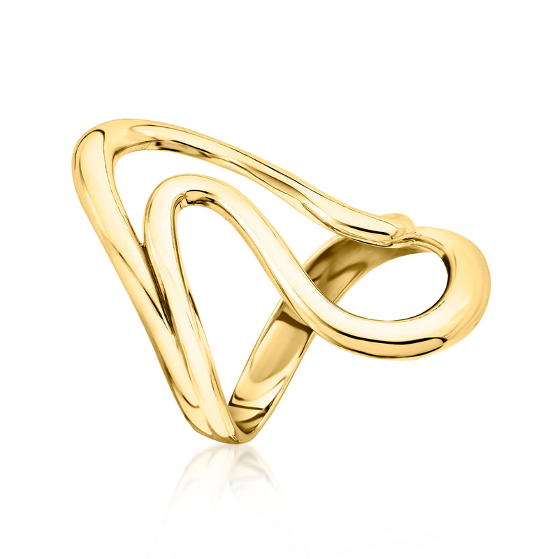 Gold-tone open-space wave ring angled view, sculpted looping shank, sterling base