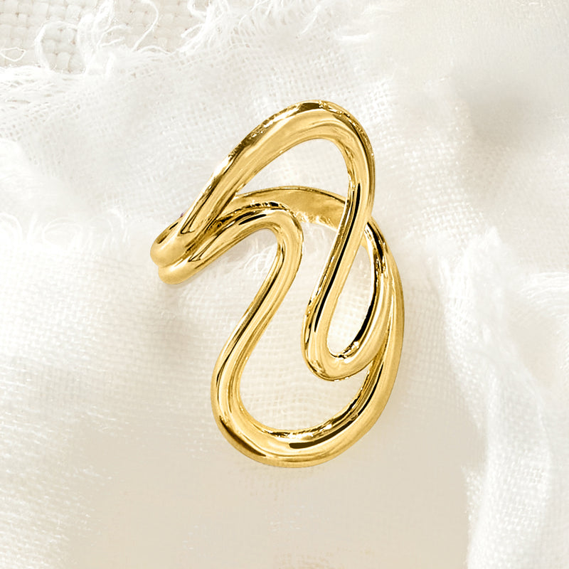 Gold-tone open-space wave ring front detail, curved open loops over sterling