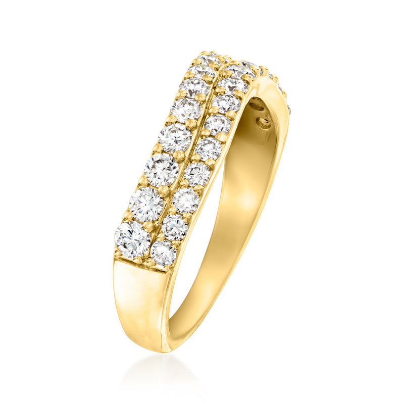 Gold two-row wave diamond ring with round stones, side view