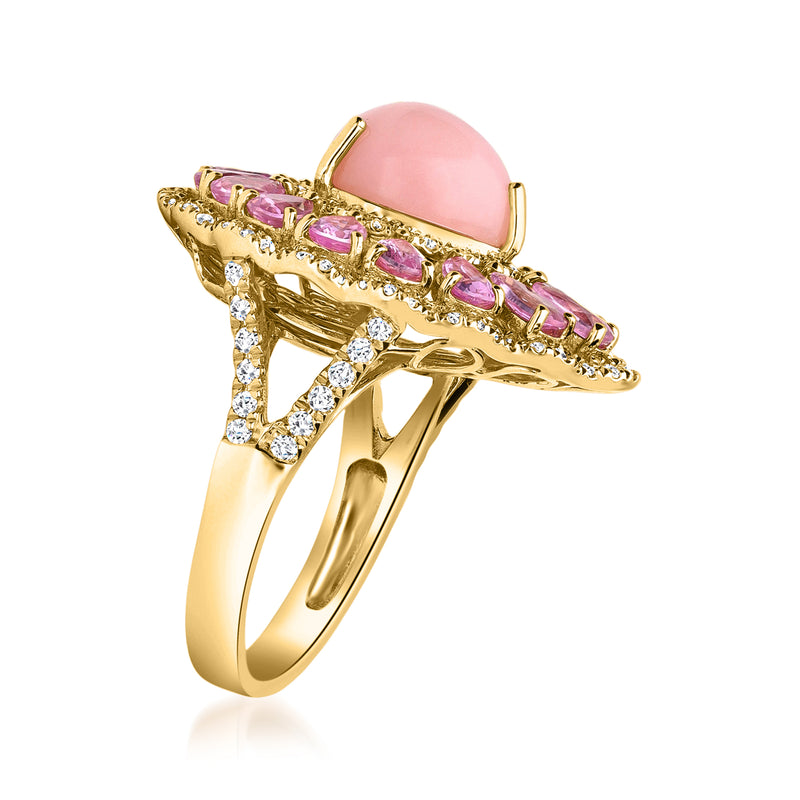 Yellow gold side-view ring with oval pink center, pink row, and diamond set details