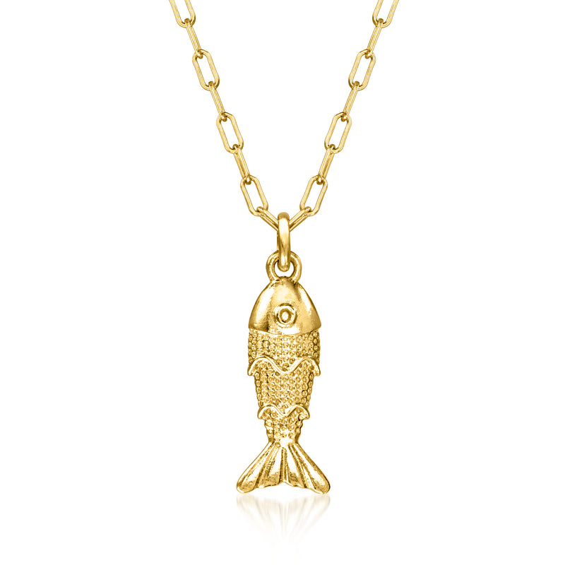 Gold fish pendant necklace with textured charm and link chain