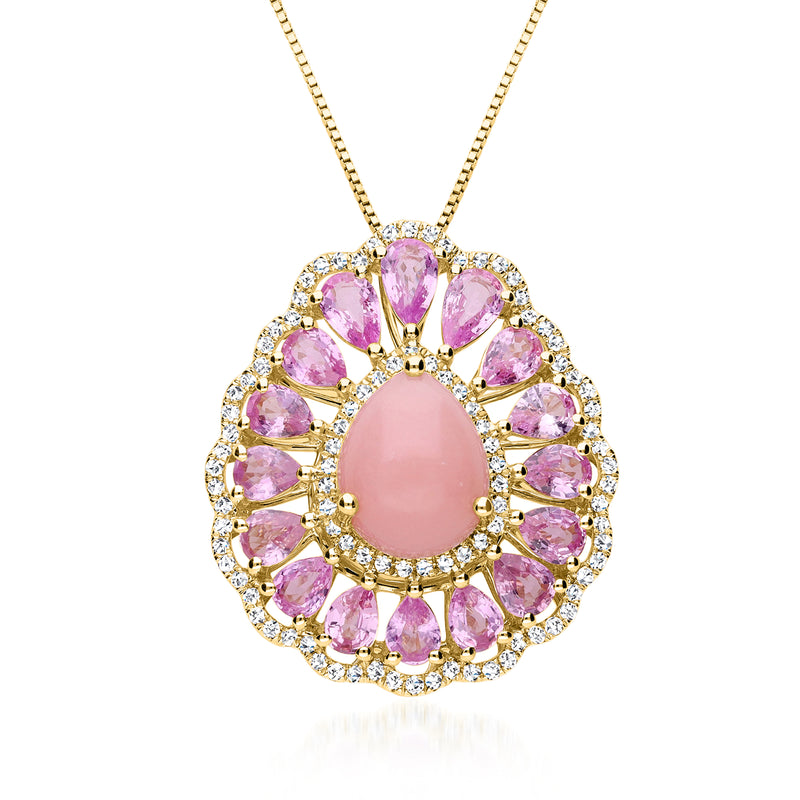 14k yellow gold pendant necklace with pink opal center, pink sapphire halo and diamonds