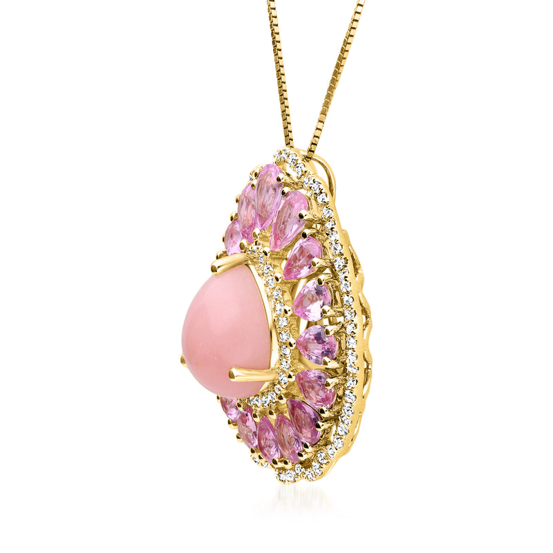 14k yellow gold pendant necklace with pink opal teardrop, oval pink sapphire setting, diamonds