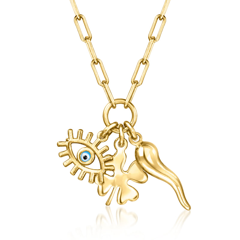 Gold-tone charm necklace with evil-eye and hand pendant, linked chain and hanging charm