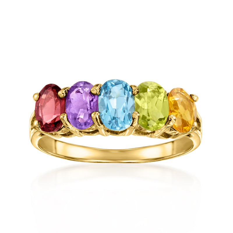 14kt yellow gold multi-gem oval ring with red, purple, blue, green, and yellow stones