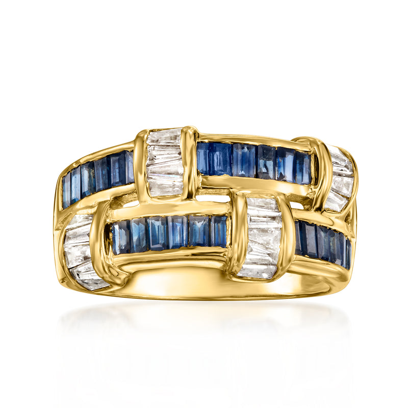 14kt yellow gold two-row ring with blue sapphire baguettes and clear diamond accents
