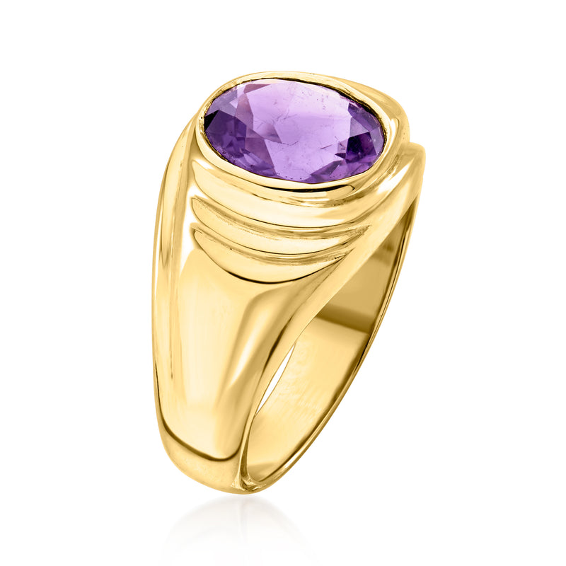 Vintage amethyst ring, oval purple gemstone bezel set in 14kt yellow gold