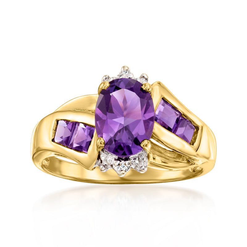 14kt yellow gold amethyst and diamond cocktail ring with large purple center stone