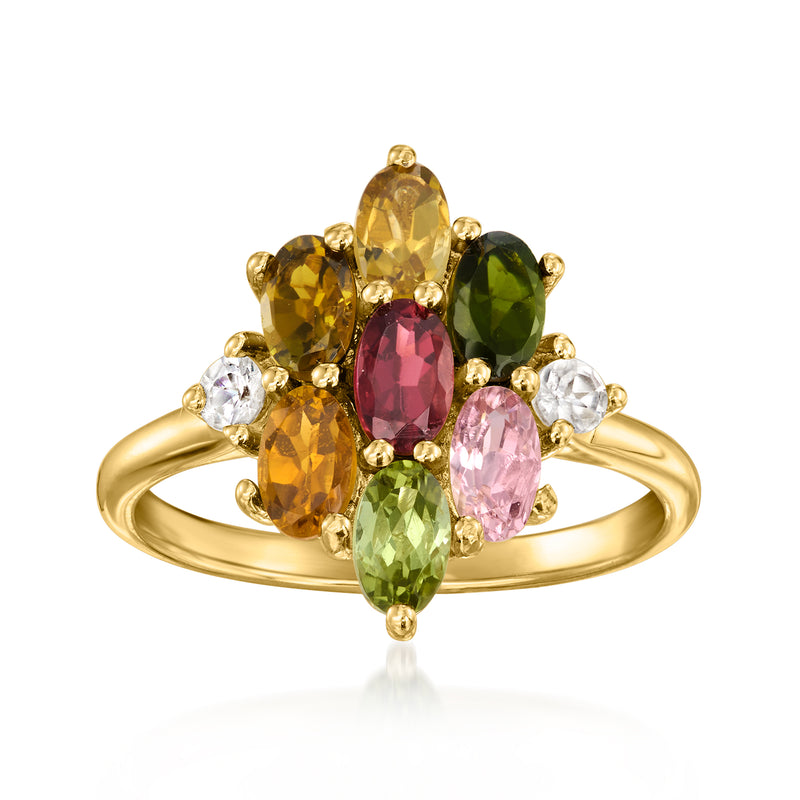 10kt yellow gold multicolored gemstone ring with oval center, five colored stones and white accents