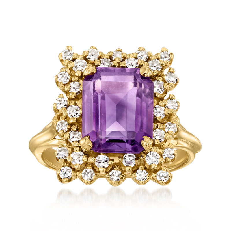 14kt yellow gold amethyst cushion-cut ring with diamond halo and round diamonds