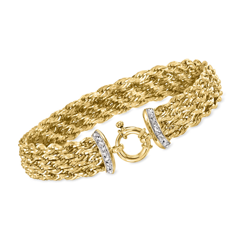 Two-tone gold rope-chain bracelet with hinged clasp and silver-toned end accents