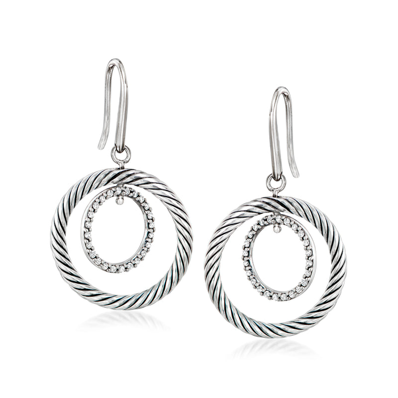Sterling silver diamond double-circle drop earrings with rope-twist outer ring