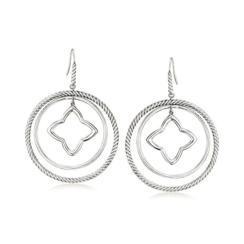 Sterling silver circular drop earrings with quatrefoil motif, textured rope border